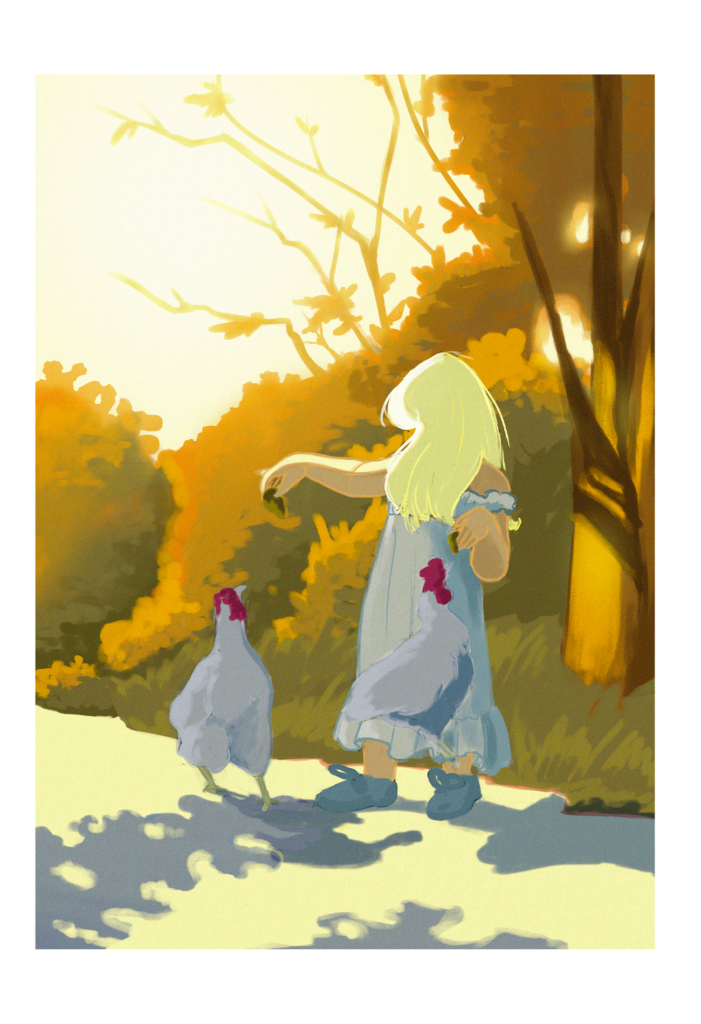 Illustration photo fille avec poules